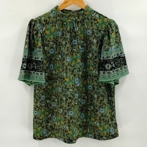 LOFT blouse medium green blue paisley print short sleeve textured mock collar